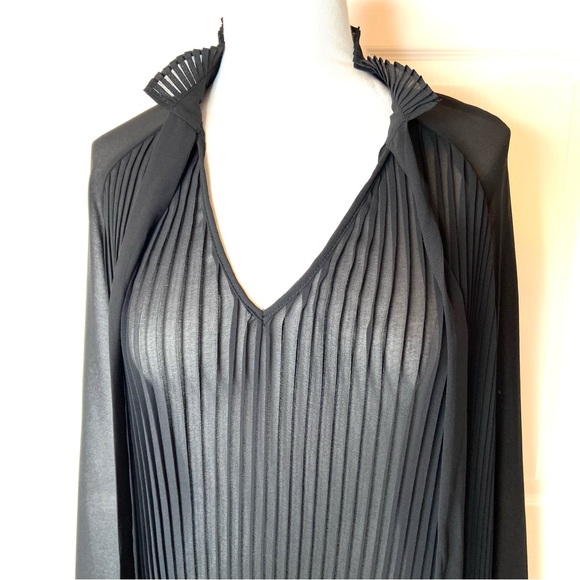WHOWHATWEAR Sheer Accordion Pleat Tie Neck Blouse - Picture 9 of 16